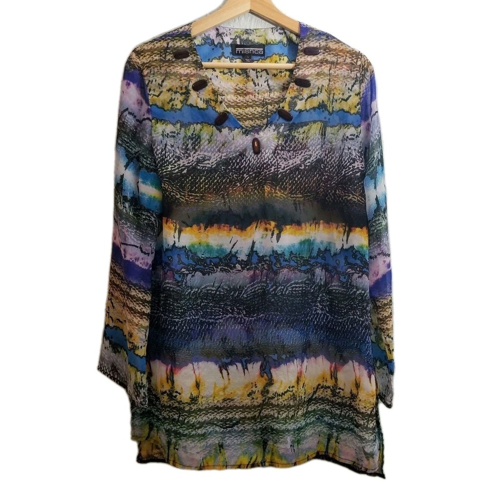 Mishca Swim Beach Cover-up Pool Resort Sheer Top Blouse Women Size L, Boho Style
